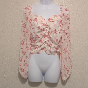Peach cream pink floral print long sleeve crop top